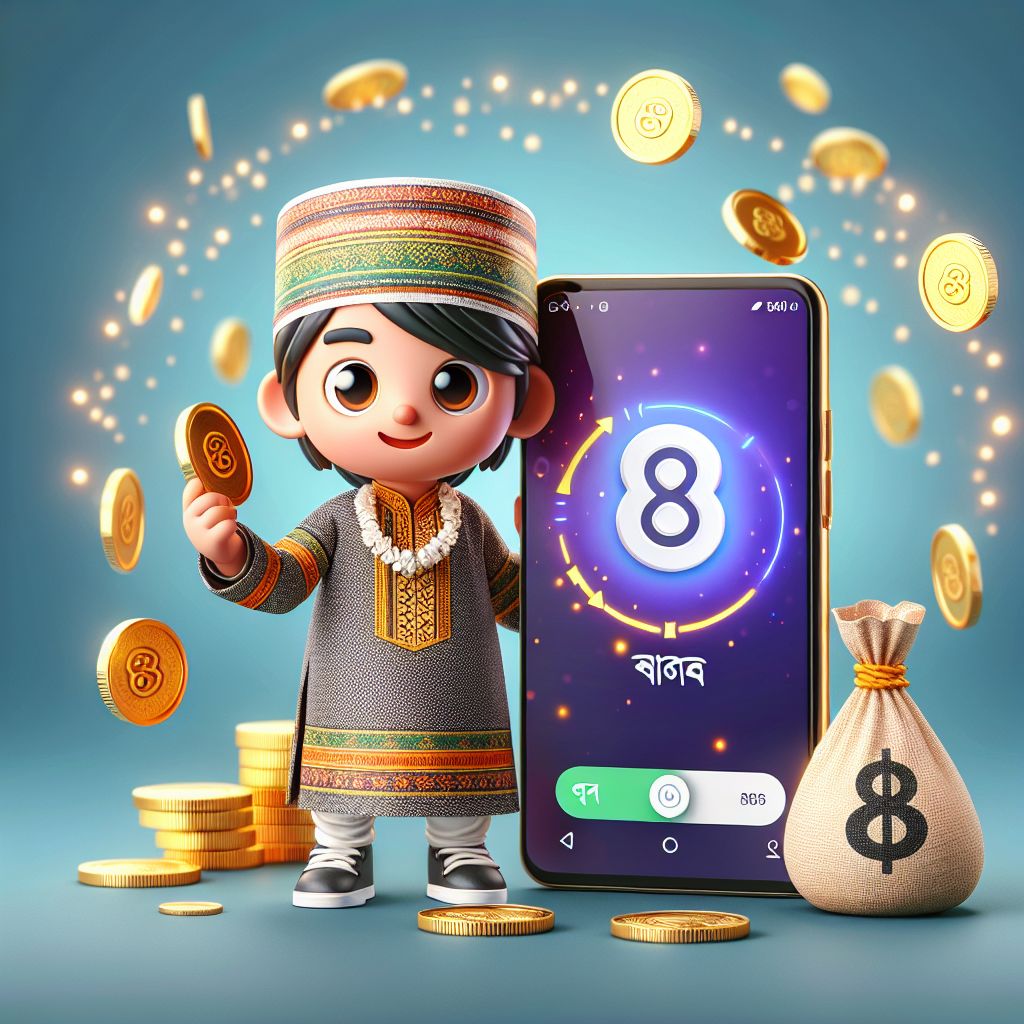 Taka888 app themed cartoon character holding an Android phone with coins and app icons
