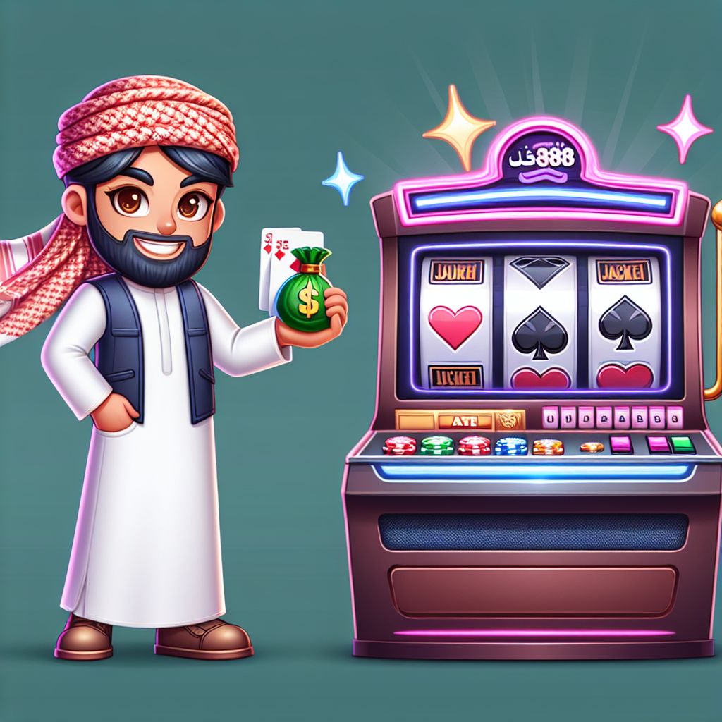Taka888 casino cartoon character with chips, cards, and a slot jackpot scene
