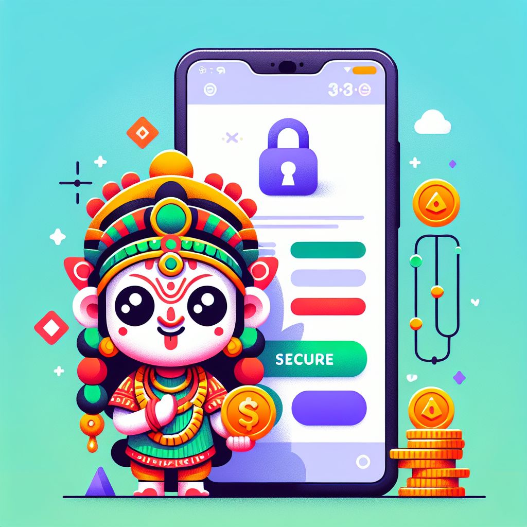 Taka888 themed cartoon character holding a phone with a secure login screen and coins