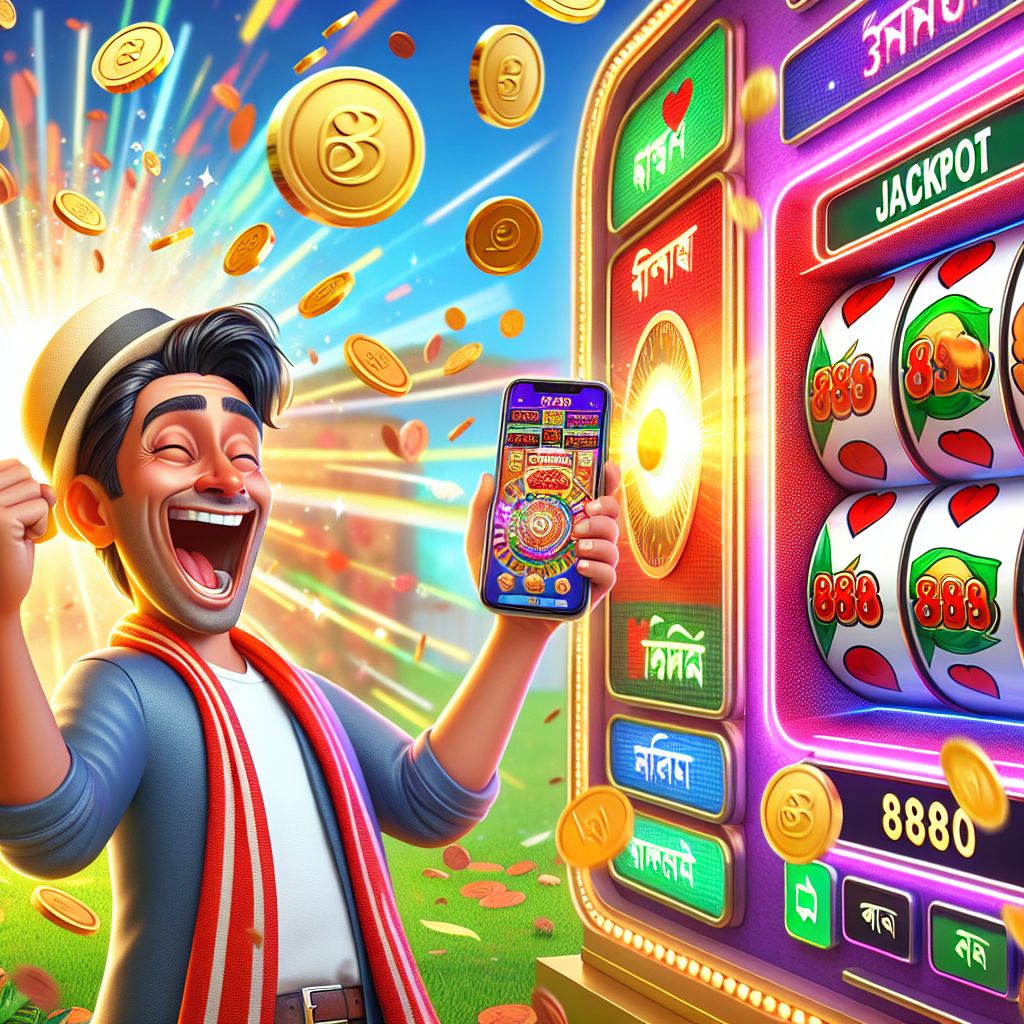 Taka888 slot-themed cartoon character with reels, coins, and jackpot lights